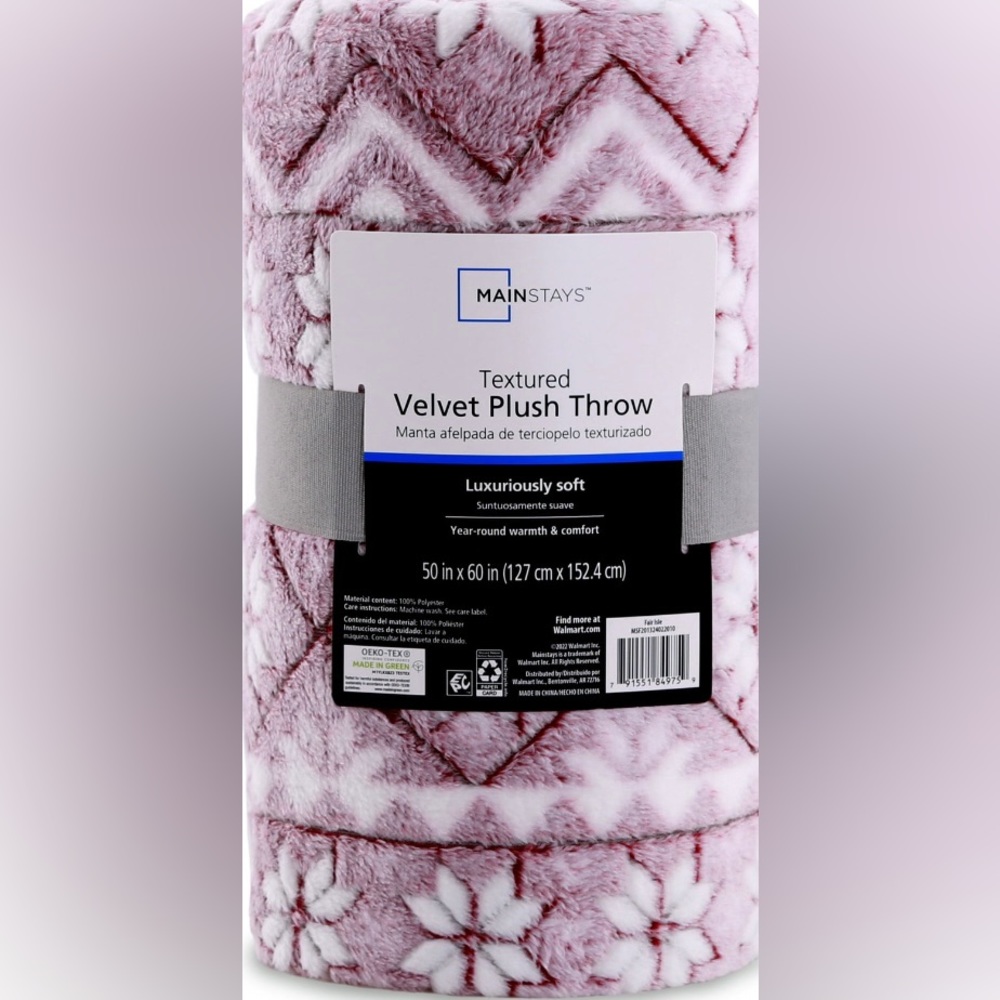 Mainstay Printed Textured Plush Throw 50” x 60” Fair Isle